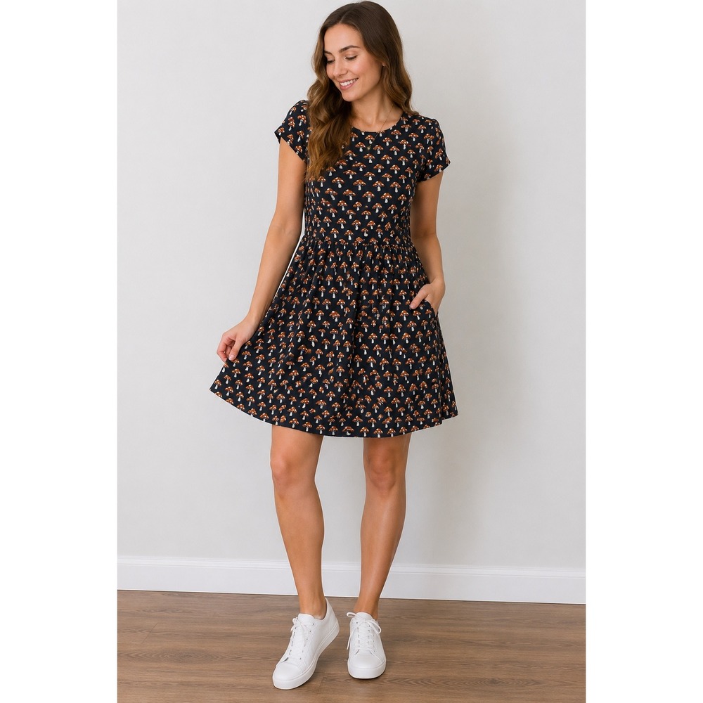 Mushroom Print Dress Medium Black Allover Print Corduroy A-Line 60sRetro Hippie